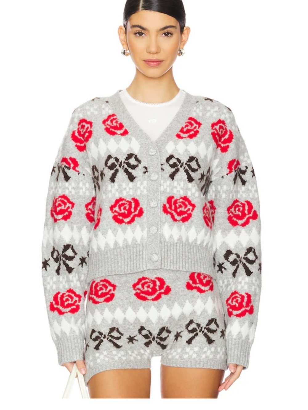 Gray Rose-Print V-Neck Cardigan Sweater